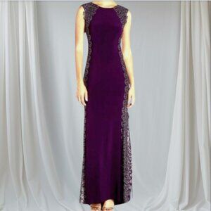 XSCAPE Purple Gold Crochet Lace Column Gown Formal Dress Mother of the Bride, 14